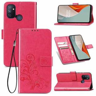 For One Plus Nord N100 Four-leaf Clasp Embossed Buckle Mobile Phone Protection Leather Case with Lanyard & Card Slot & Wallet & Bracket Function(Magenta)