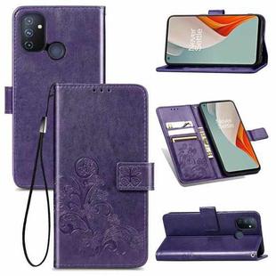 For One Plus Nord N100 Four-leaf Clasp Embossed Buckle Mobile Phone Protection Leather Case with Lanyard & Card Slot & Wallet & Bracket Function(Purple)