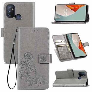 For One Plus Nord N100 Four-leaf Clasp Embossed Buckle Mobile Phone Protection Leather Case with Lanyard & Card Slot & Wallet & Bracket Function(Gray)
