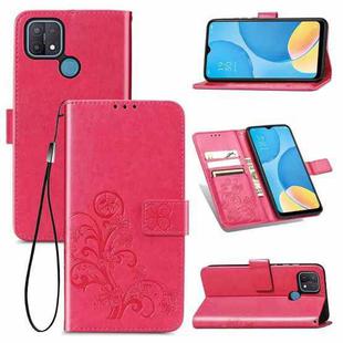 For OPPO A15 Four-leaf Clasp Embossed Buckle Mobile Phone Protection Leather Case with Lanyard & Card Slot & Wallet & Bracket Function(Magenta)