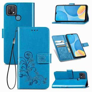 For OPPO A15 Four-leaf Clasp Embossed Buckle Mobile Phone Protection Leather Case with Lanyard & Card Slot & Wallet & Bracket Function(Blue)