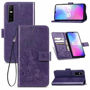 For vivo Y73S 5G Four-leaf Clasp Embossed Buckle Mobile Phone Protection Leather Case with Lanyard & Card Slot & Wallet & Bracket Function(Purple)