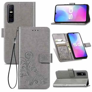 For vivo Y73S 5G Four-leaf Clasp Embossed Buckle Mobile Phone Protection Leather Case with Lanyard & Card Slot & Wallet & Bracket Function(Gray)
