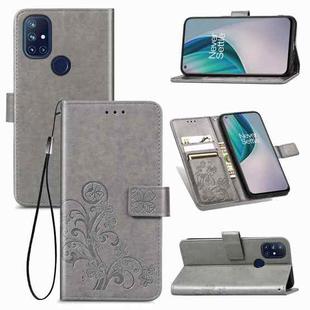 For One Plus Nord N10 5G Four-leaf Clasp Embossed Buckle Mobile Phone Protection Leather Case with Lanyard & Card Slot & Wallet & Bracket Function(Gray)