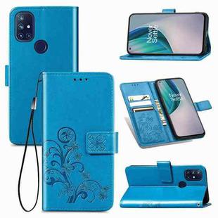 For One Plus Nord N10 5G Four-leaf Clasp Embossed Buckle Mobile Phone Protection Leather Case with Lanyard & Card Slot & Wallet & Bracket Function(Blue)