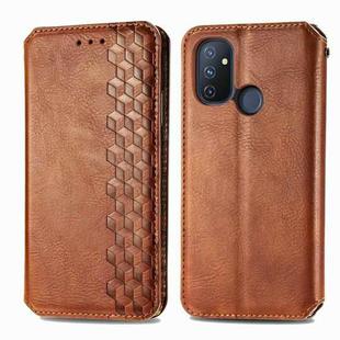 For One Plus Nord N100 Cubic Grid Pressed Horizontal Flip Magnetic PU Leather Case with Holder & Card Slots & Wallet(Brown)