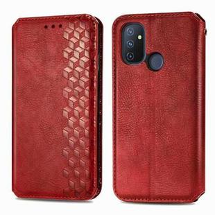 For One Plus Nord N100 Cubic Grid Pressed Horizontal Flip Magnetic PU Leather Case with Holder & Card Slots & Wallet(Red)