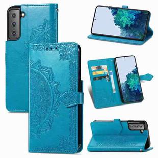 For Samsung Galaxy S21 5G Mandala Flower Embossed Horizontal Flip Leather Case with Holder & Three Card Slots & Wallet & Lanyard(Blue)