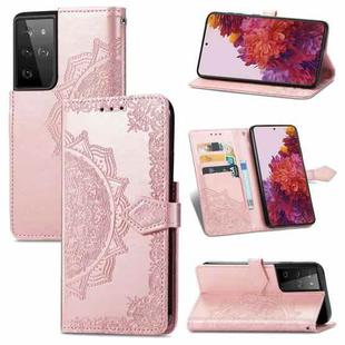 For Samsung Galaxy S21 Ultra 5G Mandala Flower Embossed Horizontal Flip Leather Case with Holder & Three Card Slots & Wallet & Lanyard(Rose Gold)