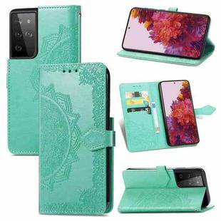 For Samsung Galaxy S21 Ultra 5G Mandala Flower Embossed Horizontal Flip Leather Case with Holder & Three Card Slots & Wallet & Lanyard(Green)