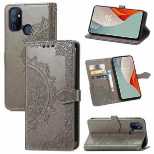 For OnePlus Nord N100 Mandala Flower Embossed Horizontal Flip Leather Case with Holder & Three Card Slots & Wallet & Lanyard(Grey)