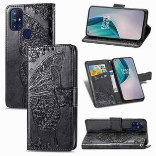 For OnePlus Nord N10 5G Butterfly Love Flower Embossed Horizontal Flip Leather Case with Bracket / Card Slot / Wallet / Lanyard(Black)