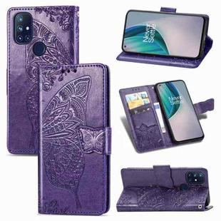 For OnePlus Nord N10 5G Butterfly Love Flower Embossed Horizontal Flip Leather Case with Bracket / Card Slot / Wallet / Lanyard(Dark Purple)