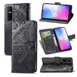 For vivo Y73s Butterfly Love Flower Embossed Horizontal Flip Leather Case with Bracket / Card Slot / Wallet / Lanyard(Black)