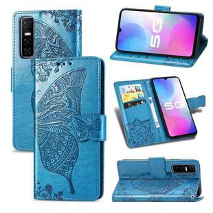 For vivo Y73s Butterfly Love Flower Embossed Horizontal Flip Leather Case with Bracket / Card Slot / Wallet / Lanyard(Blue)