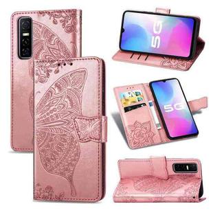 For vivo Y73s Butterfly Love Flower Embossed Horizontal Flip Leather Case with Bracket / Card Slot / Wallet / Lanyard(Rose Gold)