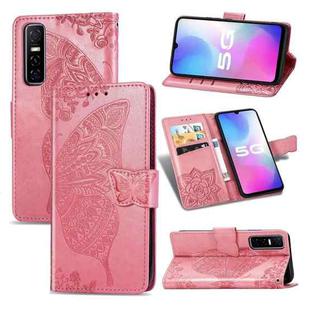 For vivo Y73s Butterfly Love Flower Embossed Horizontal Flip Leather Case with Bracket / Card Slot / Wallet / Lanyard(Pink)