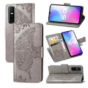 For vivo Y73s Butterfly Love Flower Embossed Horizontal Flip Leather Case with Bracket / Card Slot / Wallet / Lanyard(Gray)