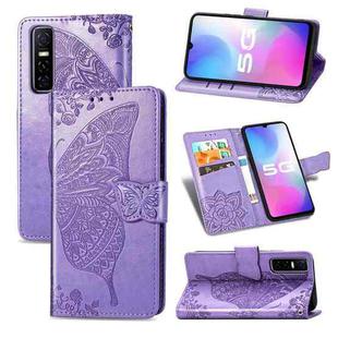 For vivo Y73s Butterfly Love Flower Embossed Horizontal Flip Leather Case with Bracket / Card Slot / Wallet / Lanyard(Light Purple)