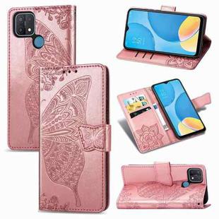 For OPPO A15 Butterfly Love Flower Embossed Horizontal Flip Leather Case with Bracket / Card Slot / Wallet / Lanyard(Rose Gold)
