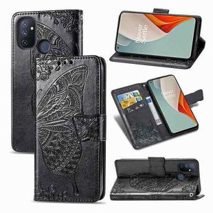 For OnePlus Nord N100 Butterfly Love Flower Embossed Horizontal Flip Leather Case with Bracket / Card Slot / Wallet / Lanyard(Black)