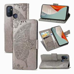 For OnePlus Nord N100 Butterfly Love Flower Embossed Horizontal Flip Leather Case with Bracket / Card Slot / Wallet / Lanyard(Gray)
