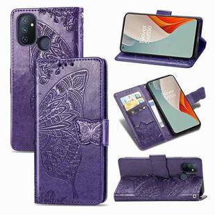 For OnePlus Nord N100 Butterfly Love Flower Embossed Horizontal Flip Leather Case with Bracket / Card Slot / Wallet / Lanyard(Dark Purple)