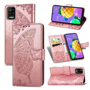 For LG K52 Butterfly Love Flower Embossed Horizontal Flip Leather Case with Bracket / Card Slot / Wallet / Lanyard(Rose Gold)