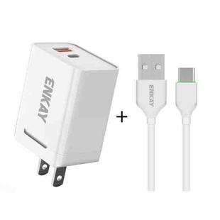 ENKAY Hat-Prince U033 18W 3A PD + QC3.0 Dual USB Fast Charging Power Adapter US Plug Portable Travel Charger With 1m 3A Type-C Cable