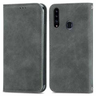 For Samsung Galaxy A20s Retro Skin Feel Business Magnetic Horizontal Flip Leather Case with Holder & Card Slots & Wallet & Photo Frame(Grey)