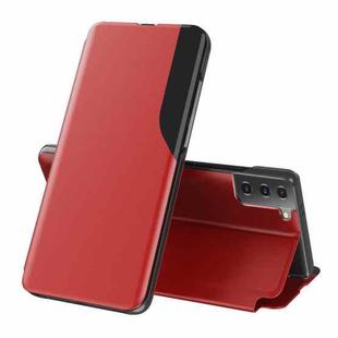 For Samsung Galaxy S21 5G Side Display  Shockproof Horizontal Flip Leather Case with Holder(Red)