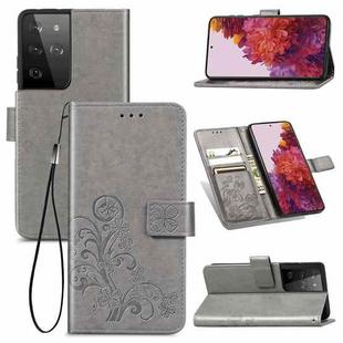 Four-leaf Clasp Embossed Buckle Mobile Phone Protection Leather Case with Lanyard & Card Slot & Wallet & Bracket Function For Samsung Galaxy S21 Ultra 5G(Grey)