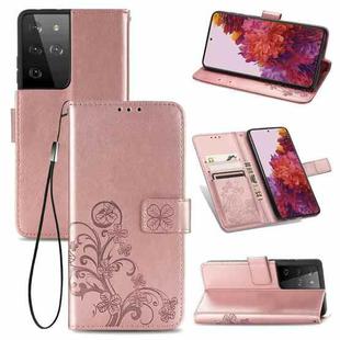 Four-leaf Clasp Embossed Buckle Mobile Phone Protection Leather Case with Lanyard & Card Slot & Wallet & Bracket Function For Samsung Galaxy S21 Ultra 5G(Rose Gold)