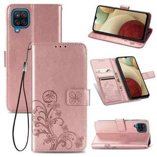 Four-leaf Clasp Embossed Buckle Mobile Phone Protection Leather Case with Lanyard & Card Slot & Wallet & Bracket Function For Samsung Galaxy A12(Rose Gold)