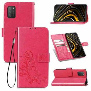 Four-leaf Clasp Embossed Buckle Mobile Phone Protection Leather Case with Lanyard & Card Slot & Wallet & Bracket Function For Xiaomi  POCO  M3(Magenta)