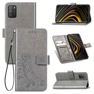 Four-leaf Clasp Embossed Buckle Mobile Phone Protection Leather Case with Lanyard & Card Slot & Wallet & Bracket Function For Xiaomi  POCO  M3(Grey)