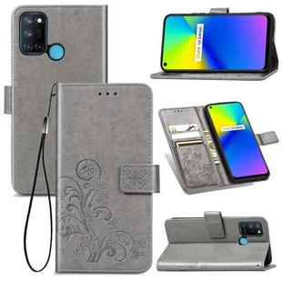 Four-leaf Clasp Embossed Buckle Mobile Phone Protection Leather Case with Lanyard & Card Slot & Wallet & Bracket Function For OPPO Realme 7i / C17(Grey)