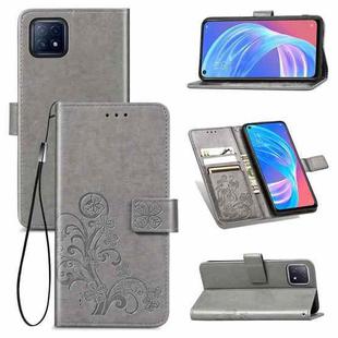 Four-leaf Clasp Embossed Buckle Mobile Phone Protection Leather Case with Lanyard & Card Slot & Wallet & Bracket Function For OPPO A72 5G(Grey)