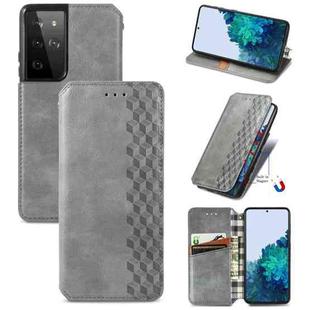 For Samsung Galaxy S21 Ultra 5G Cubic Grid Pressed Horizontal Flip Magnetic PU Leather Case with Holder & Card Slots & Wallet(Gray)