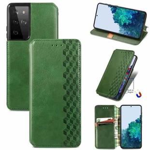 For Samsung Galaxy S21 Ultra 5G Cubic Grid Pressed Horizontal Flip Magnetic PU Leather Case with Holder & Card Slots & Wallet(Green)