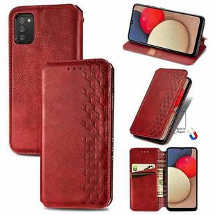 For Samsung Galaxy A02s(US Edition) Cubic Grid Pressed Horizontal Flip Magnetic PU Leather Case with Holder & Card Slots & Wallet(Red)