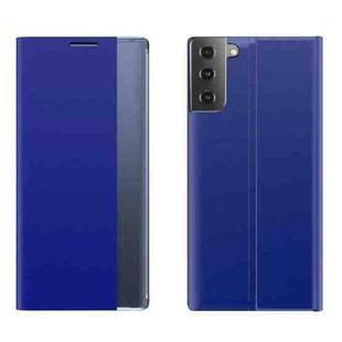Side Display Magnetic Horizontal Flip Plain Texture Cloth + PC Case with Holder & Sleep / Wake-up Function For Samsung Galaxy S21+ 5G(Blue)