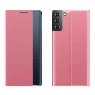 Side Display Magnetic Horizontal Flip Plain Texture Cloth + PC Case with Holder & Sleep / Wake-up Function For Samsung Galaxy S21+ 5G(Pink)