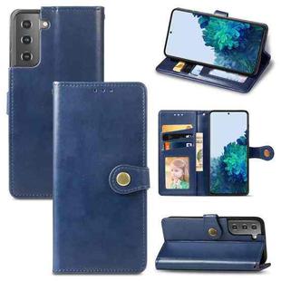 For Samsung Galaxy S21 5G Retro Solid Color Leather Buckle Phone Case with Lanyard & Photo Frame & Card Slot & Wallet & Stand Function(Blue)