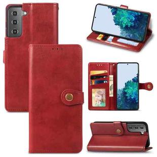 For Samsung Galaxy S21 5G Retro Solid Color Leather Buckle Phone Case with Lanyard & Photo Frame & Card Slot & Wallet & Stand Function(Red)