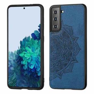 For Samsung Galaxy S21 5G Mandala Embossed Cloth Cover PC + TPU Mobile Phone Case with Magnetic Function and Hand Strap(Blue)