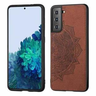 For Samsung Galaxy S21 Plus  5G Mandala Embossed Cloth Cover PC + TPU Mobile Phone Case with Magnetic Function and Hand Strap(Brown)