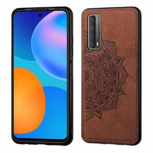 For Huawei Y7A / P Smart 2021 Mandala Embossed Cloth Cover PC + TPU Mobile Phone Case with Magnetic Function and Hand Strap(Brown)