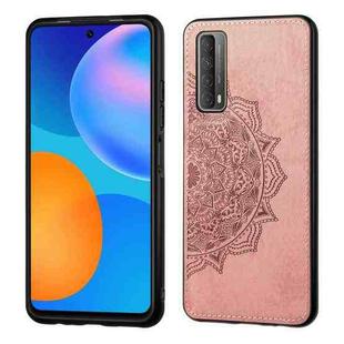 For Huawei Y7A / P Smart 2021 Mandala Embossed Cloth Cover PC + TPU Mobile Phone Case with Magnetic Function and Hand Strap(Rose Gold)