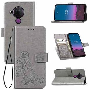 For Nokia 5.4 Four-leaf Clasp Embossed Buckle Mobile Phone Protection Leather Case with Lanyard & Card Slot & Wallet & Bracket Function(Gray)